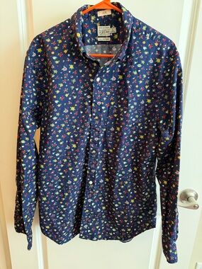 J. Crew Navy Floral Button-Down Shirt with Multicolor Blooms Size: Large Slim